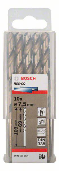 Ensemble de forets Bosch HSS-CO, composé de 10 forets métalliques, diamètre 7,5 mm, longueur 109 mm. L'emballage présente les données du produit et les symboles.