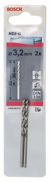 Emballage contenant deux forets HSS-G Bosch, diamètre 3,2 mm, longueur 65 mm, longueur utile 38 mm, selon la norme DIN 338.