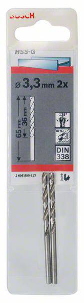 Coffret de forets Bosch, diamètre 3,3 mm, 2 pièces, adapté pour l'usinage des métaux, norme DIN 338, matériau HSS-G.