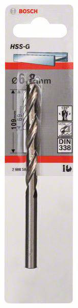 'Foret HSS-G Bosch, diamètre de 6 mm, longueur de 93 mm, norme DIN 338, adapté pour le métal, nécessite un refroidissement lors du perçage.'