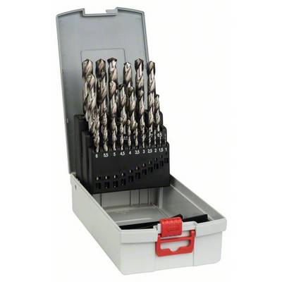 Ensemble de forets dans un coffret en plastique gris ouvert avec un fermoir rouge. Les forets sont triés par taille, de 2 à 10 mm.