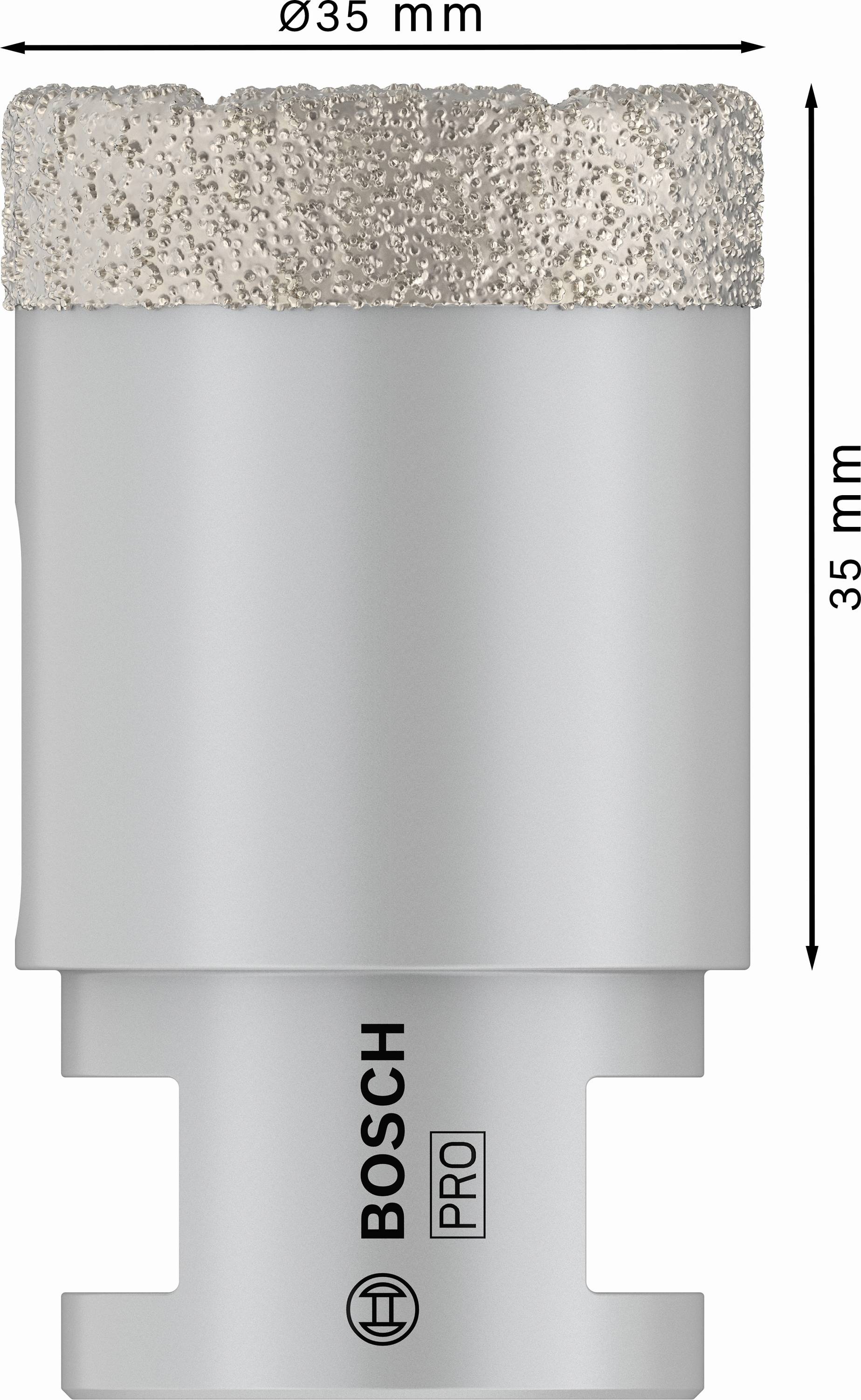 Couronne de forage diamantée Bosch avec ø35 mm de diamètre de tête et 35 mm de hauteur. Couleur argentée, adaptée aux applications professionnelles.
