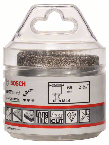 Emballage d'un foret à carrelage Bosch, 68 mm, avec technologie DrySpeed et adapté à la céramique. Filetage M14.