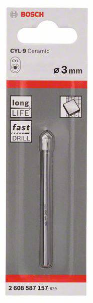 'Foret céramique Bosch CYL-9, 3 mm, adapté pour carrelage. Caractéristiques : durée de vie prolongée, perçage rapide.'