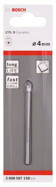 Emballage pour foret Bosch pour céramique, CYL-9, diamètre 4 mm. Étiquettes : 'longue durée', 'perçage rapide'.