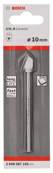 Coffret de forets Bosch avec un foret céramique de 10 mm. Inscriptions : 'CYL-9 Ceramic', 'Long Life', 'Fast DRILL'.