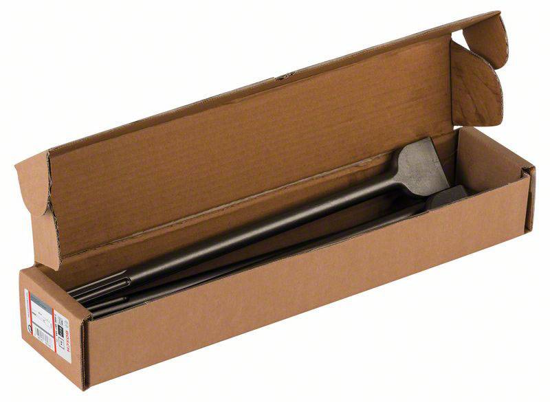 Un ciseau dans une boîte en carton ouverte. Le ciseau est adapté aux travaux de construction et fabriqué en métal robuste.