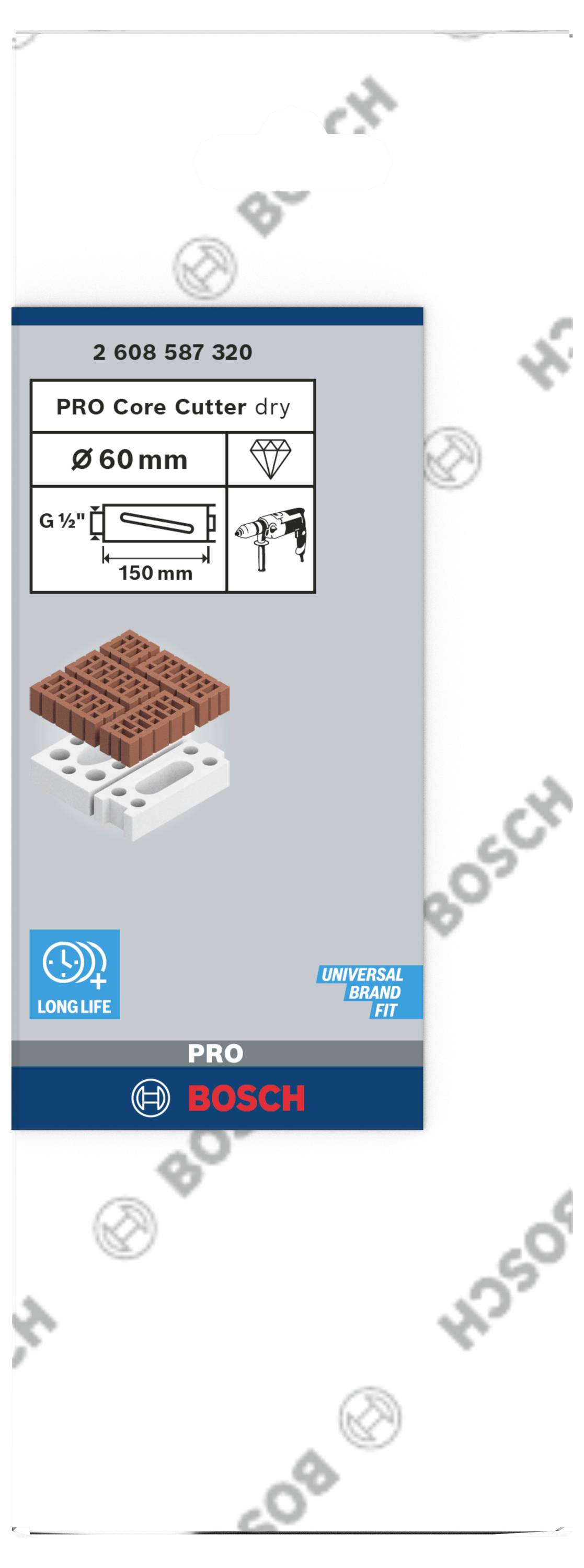 Emballage d'un carottier PRO Core Cutter de Bosch avec un diamètre de 60 mm. Adapté pour la maçonnerie. Illustré : foret, couronne de perçage, brique.