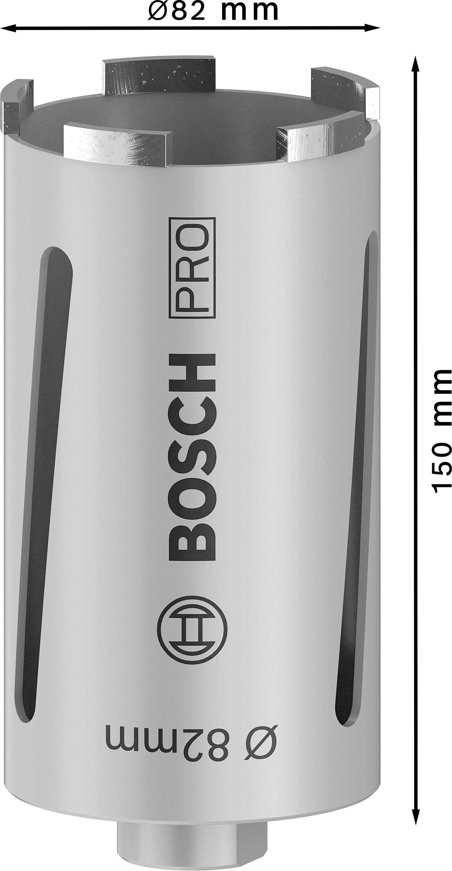 Couronne de perçage creuse 'Bosch Pro', diamètre 82 mm, longueur 150 mm, adaptée aux travaux de perçage professionnels.