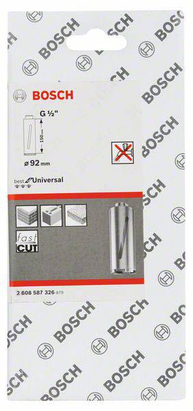 Emballage d'une lame de scie cylindrique Bosch G 1/5, diamètre 92 mm, adaptée pour le bois, le plastique et le métal avec fonction 'coupe rapide'.