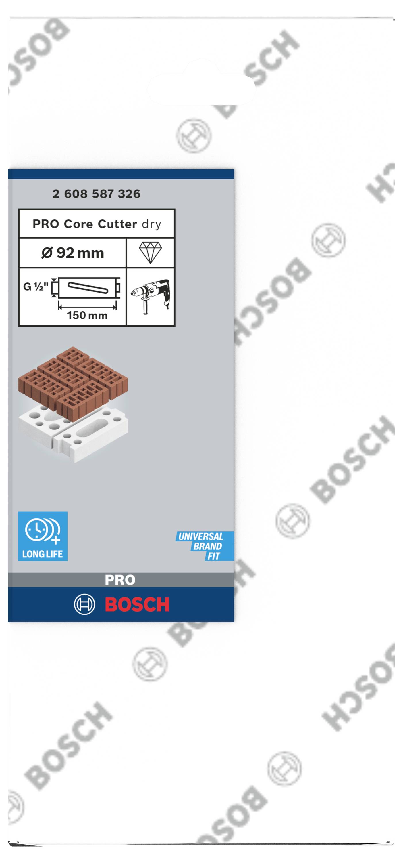 Emballage d'une couronne de forage Bosch PRO, diamètre 92 mm, pour perçage à sec dans la maçonnerie. Logo de la marque visible.