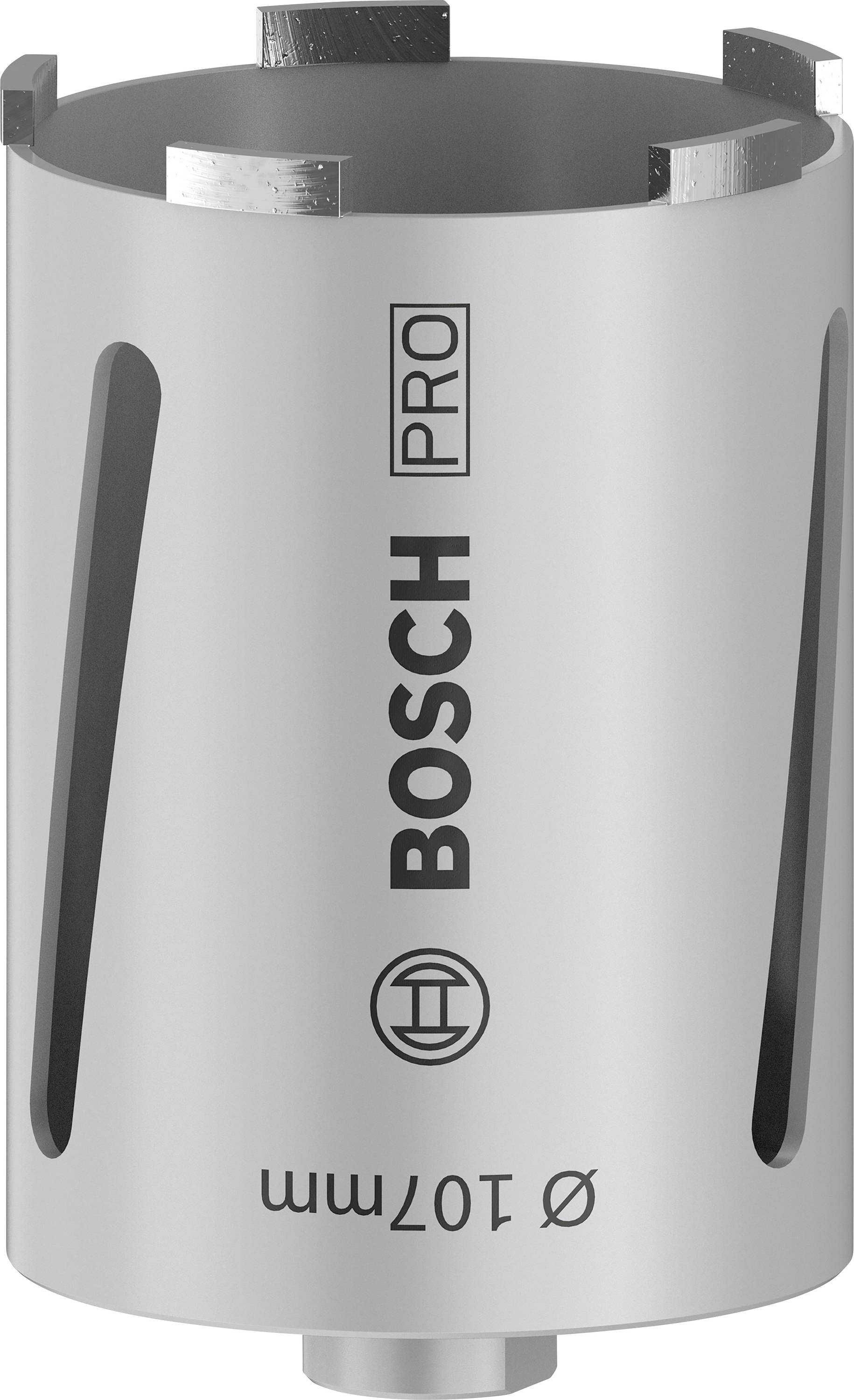 Couronne de forage en métal avec logo 'BOSCH PRO', diamètre de 107 mm, forme cylindrique et six dents de coupe pour un perçage précis.