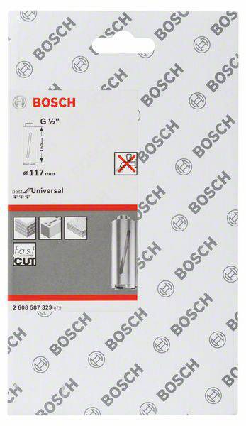 'Emballage pour lame de scie Bosch, diamètre 117 mm, adapté aux applications "fast cut". Fond gris avec logos Bosch.'