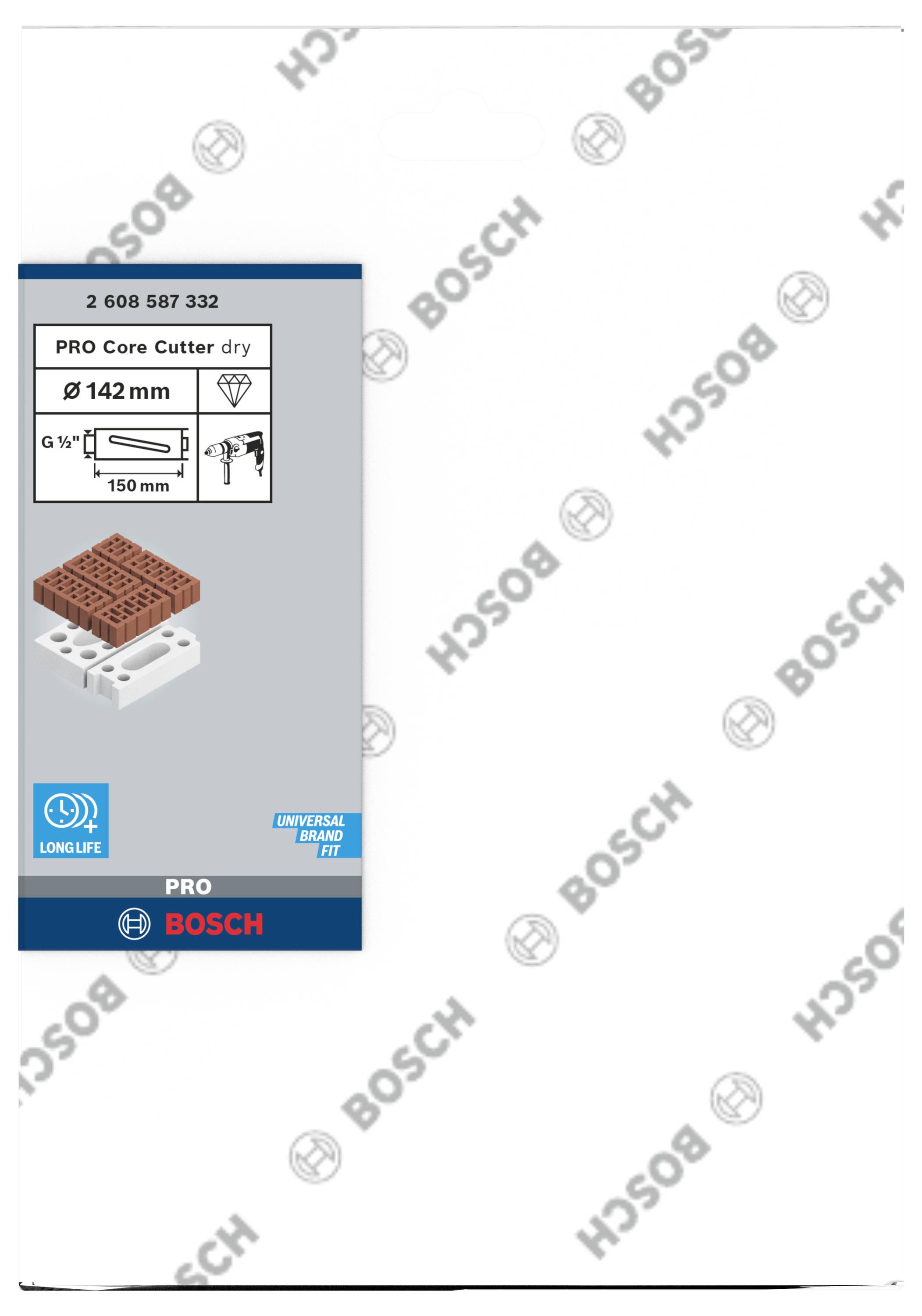 'PRO Core Cutter dry' de Bosch, Ø 142 mm, présente une représentation de la mèche et de son utilisation dans les briques ; adapté aux perceuses.