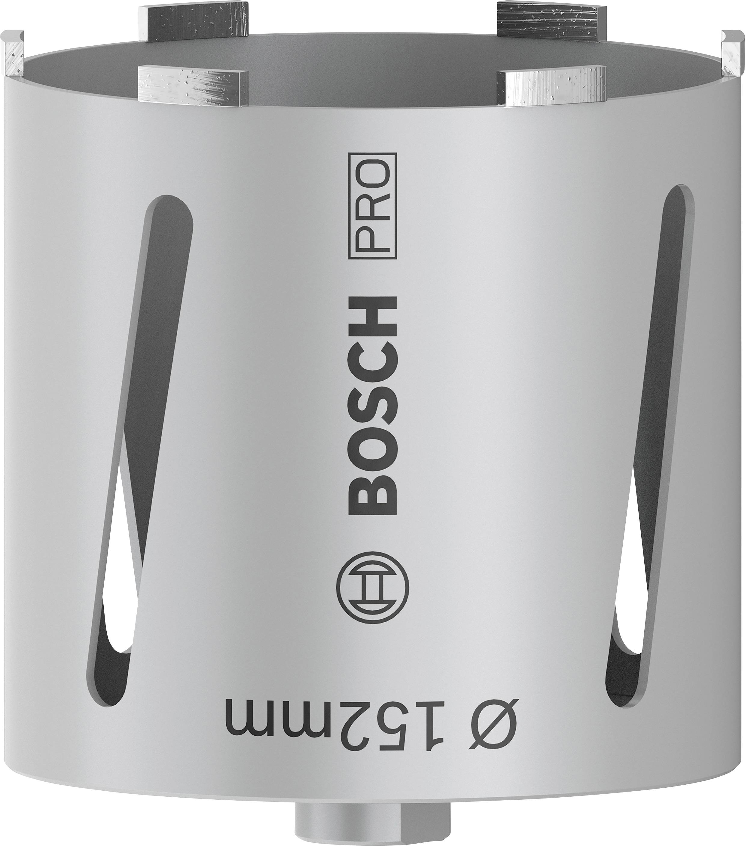 'Couronne de scie Bosch Pro 152 mm de diamètre, métal argenté, fentes latérales pour l'évacuation des copeaux, adaptée aux applications professionnelles.'