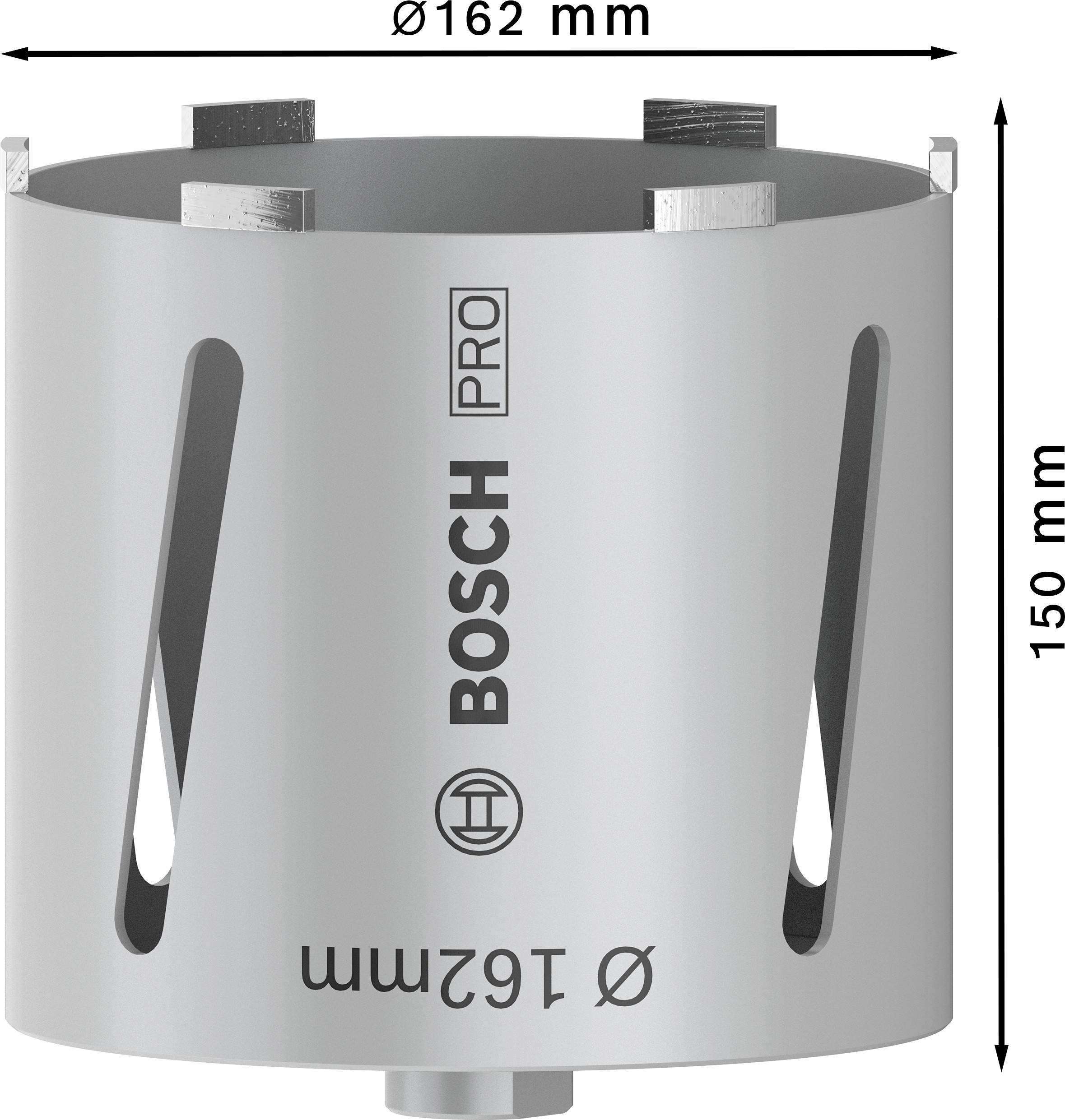 Couronne de forage de 162 mm de diamètre et 150 mm de hauteur, série Bosch PRO. Principalement adaptée pour béton, maçonnerie, brique silico-calcaire.