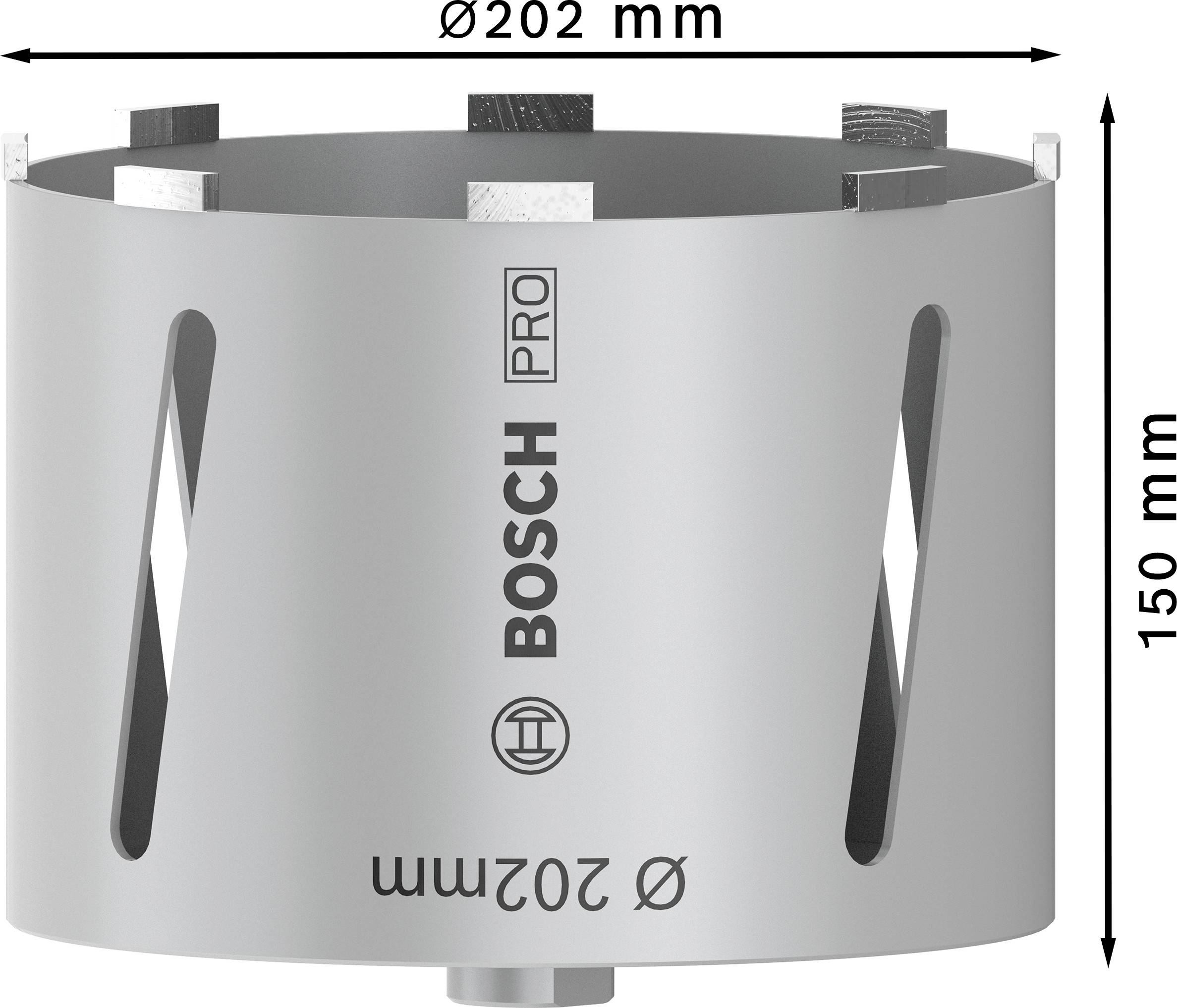 Couronne de forage Bosch Pro avec Ø202 mm et hauteur 150 mm. Elle possède plusieurs dents de coupe et fentes pour l'aération.