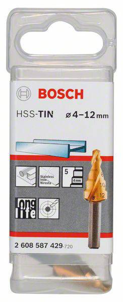 Emballage d'un foret étagé HSS-TiN de Bosch, adapté pour des trous de 4 à 12 mm, convenant à l'acier inoxydable jusqu'à 5 mm d'épaisseur.