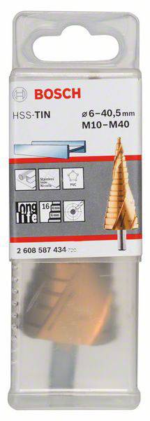 Emballage d'un foret étagé HSS-TiN Bosch de dimensions 6-40,5 mm, adapté pour le métal et le plastique.