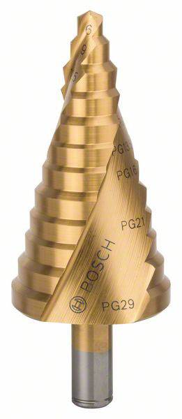 Un foret étagé couleur or de Bosch avec plusieurs diamètres graduels, adapté pour le perçage de trous de différentes tailles.