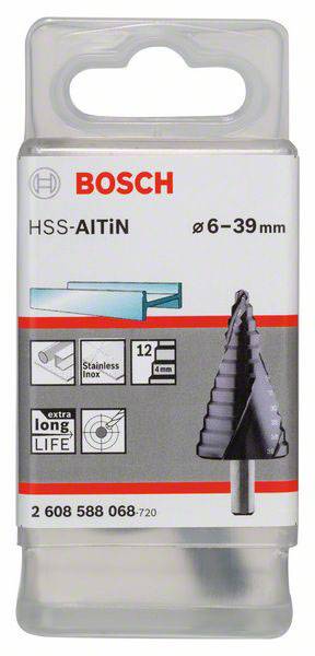 Emballage d'un foret étagé HSS Bosch, adapté pour 4-39 mm. Contient des symboles pour l'usinage de l'acier inoxydable, 12 paliers, longue durée de vie.