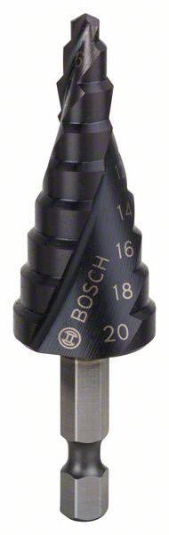 Un foret noir en étapes avec des marquages de taille de 4 à 20 mm. La marque 'Bosch' est gravée de manière visible.