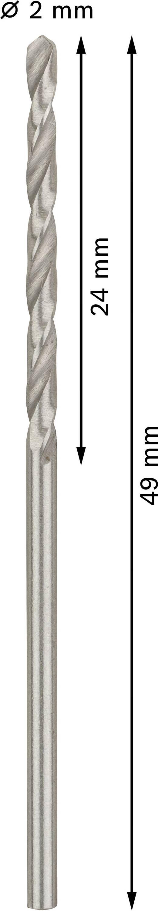 Foret d'un diamètre de 2 mm. Longueur totale : 49 mm, longueur de spirale : 24 mm.