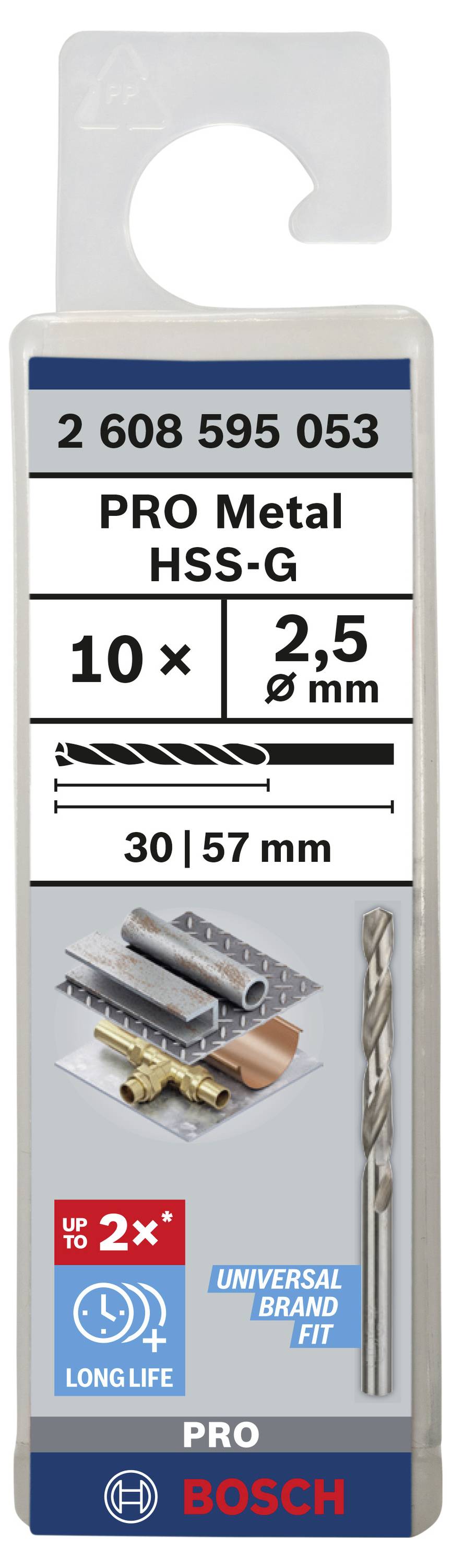 Forets HSS-G métal Bosch PRO, 10 pièces, diamètre 2,5 mm, longueur 30 | 57 mm, durée de vie jusqu'à 2 fois plus longue, compatibilité universelle toutes marques.
