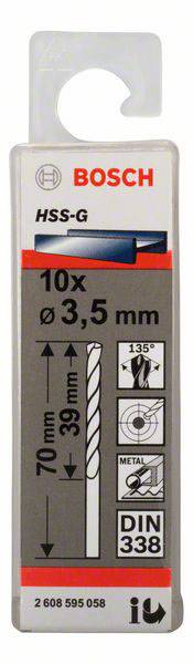 Pack de forets Bosch HSS-G, 10 pièces, diamètre 3,5 mm. Adaptés au métal, longueur 70 mm, longueur de coupe 39 mm, angle de pointe 135°.