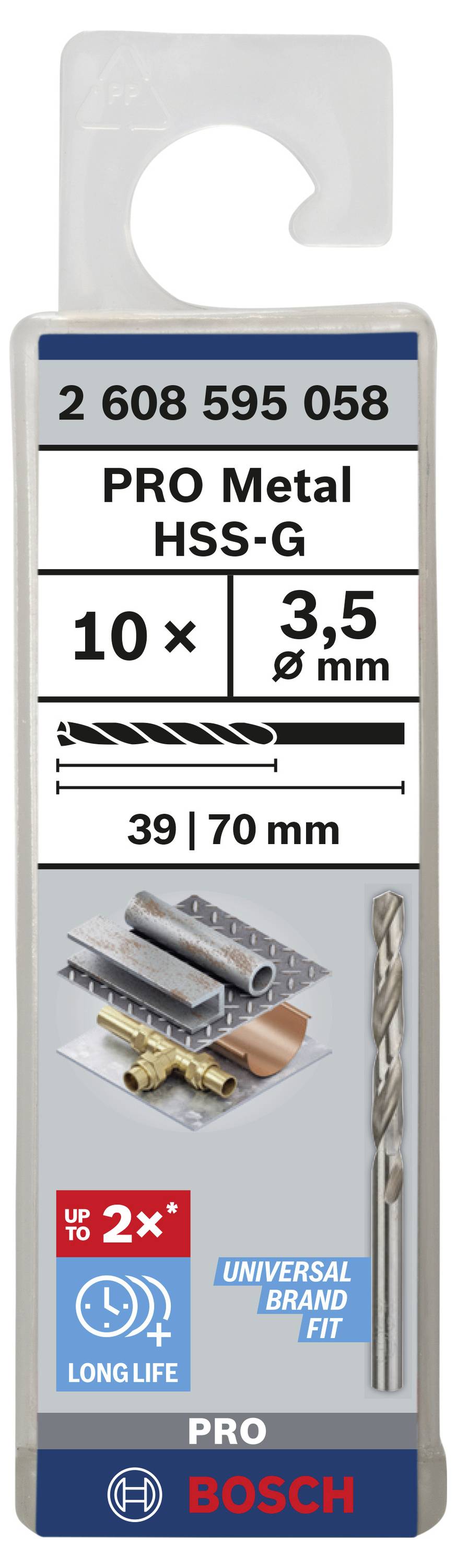 'Bosch PRO Metal HSS-G lot de 10, foret Ø 3,5 mm, 39/70 mm. Pour métal, longue durée de vie, ajustement universel.'
