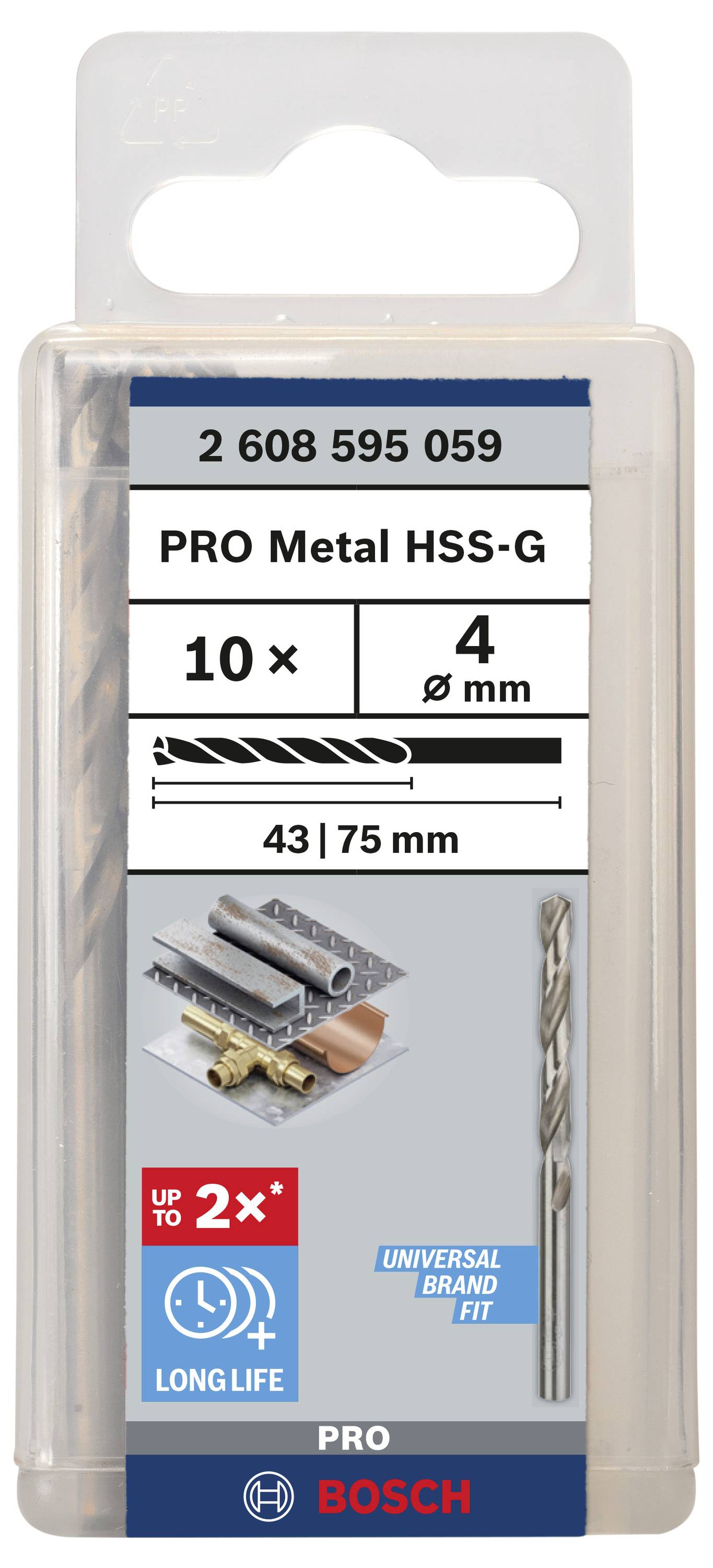 Coffret de forets 'PRO Metal HSS-G' de Bosch pour usinage des métaux, 10 pièces, diamètre 4 mm, longueurs 43/75 mm, durable, compatibilité universelle.