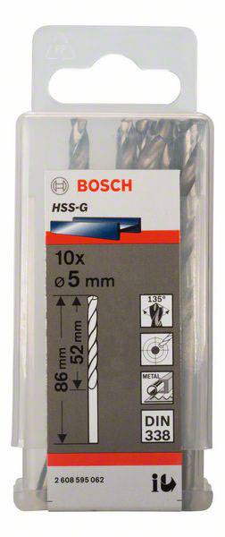 Forets Bosch HSS-G, lot de 10 pièces, diamètre 5 mm, longueur 86 mm. Adaptés pour l'usinage des métaux, norme DIN 338. Conditionnés dans un coffret en plastique.
