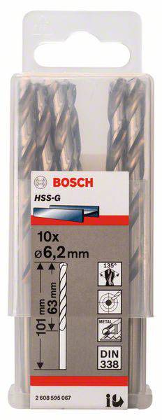 Ensemble de forets Bosch comprenant 10 forets métalliques, diamètre 6,2 mm. L'emballage présente un diagramme illustrant la longueur et les applications.