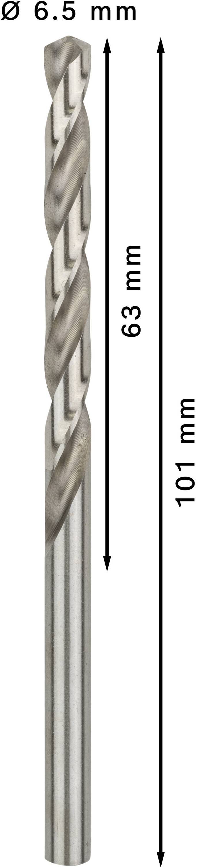 Foret à métaux de 6,5 mm de diamètre, longueur totale 101 mm, longueur de spirale 63 mm. Idéal pour un perçage précis dans les surfaces métalliques.