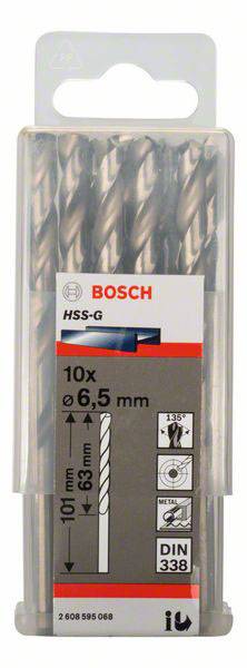 Forets HSS-G Bosch pour métaux, lot de 10 pièces, diamètre 6,5 mm, longueur 101 mm, norme DIN 338, convient aux aciers P-, G- et N-.