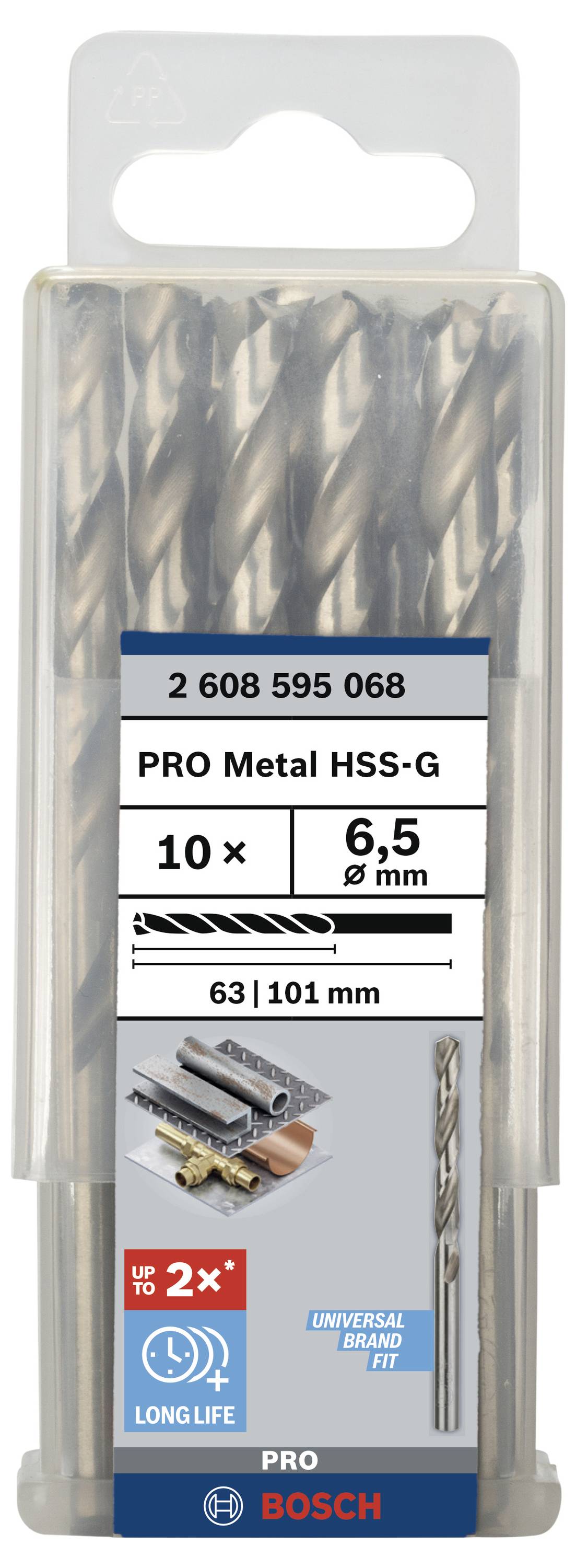 Coffret Bosch avec 10 forets métaux, taille 6,5 mm, longueur totale et longueur utile 101 mm et 63 mm respectivement, adapté pour les travaux sur métaux.