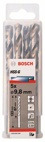 Emballage de cinq forets HSS-G de la marque Bosch, diamètre 9,8 mm. Adaptés pour le perçage de métaux avec une longueur totale de 133 mm.