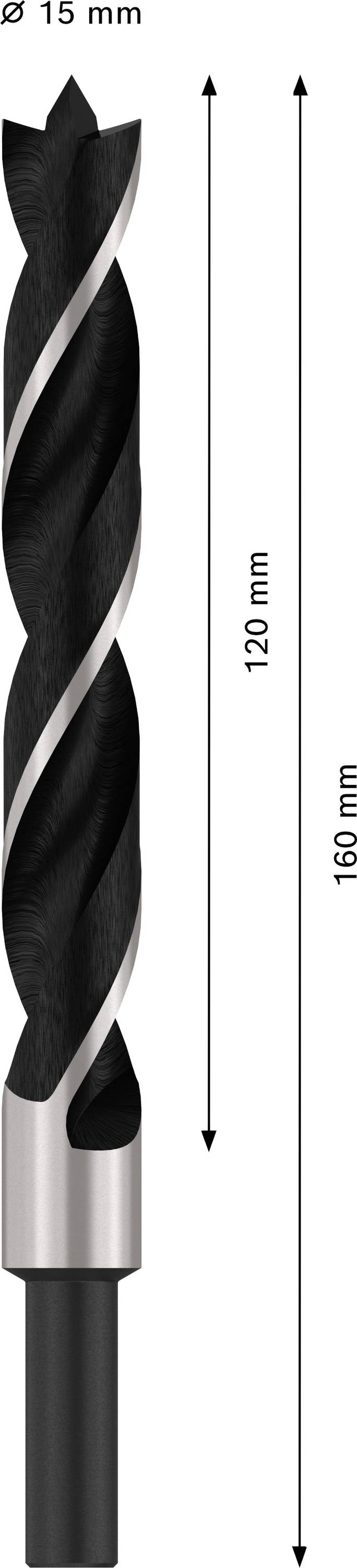Illustration d'un foret, 15 mm de diamètre, 160 mm de longueur totale, 120 mm de longueur de segment hélicoïdal, design noir et argenté.