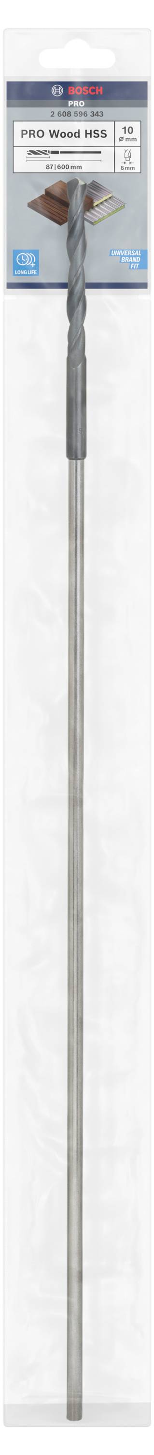 Foret long avec pointe métallique dans un emballage, marqué SDS Plus Pro 8x400 mm. adapté pour les travaux de perçage dans le béton.