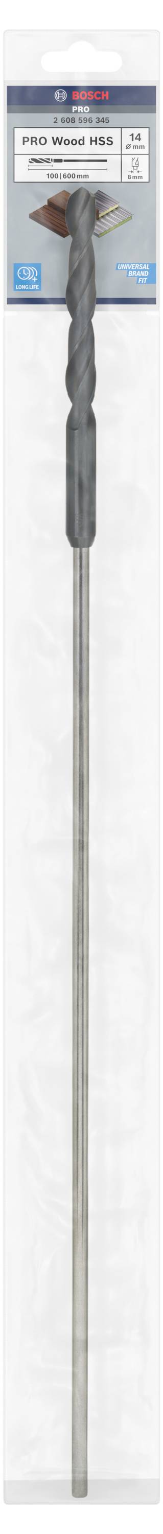 Un foret gris dans un emballage sur lequel est inscrit 'Bosch Pro Concrete Drill Bit'. Adapté pour les travaux de béton.
