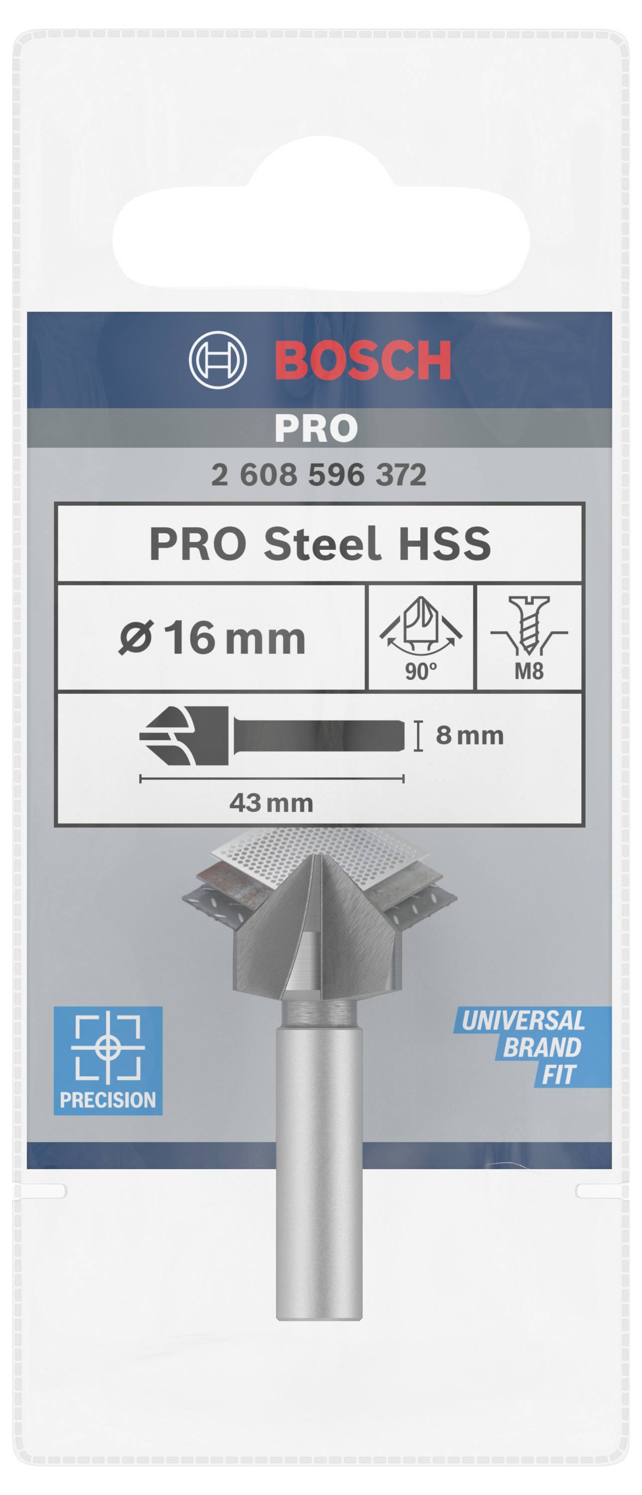 Emballage d'un foret HSS acier Bosch PRO. Diamètre : 16 mm, coupe à un angle de 90°. Compatible avec M8, longueur 43 mm.