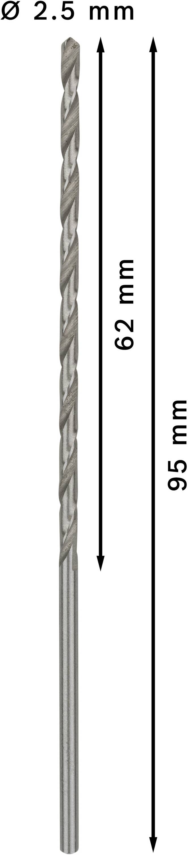 Foret d'un diamètre de 2,5 mm, d'une longueur utile de 62 mm et d'une longueur totale de 95 mm.
