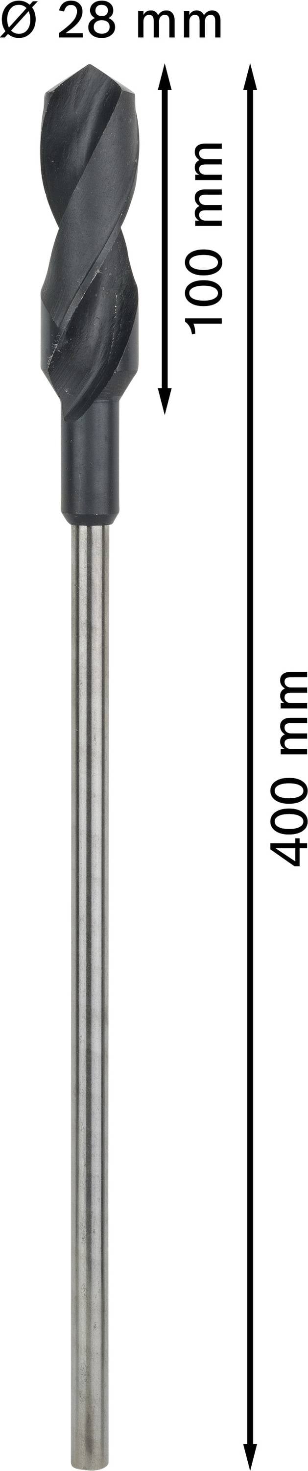 Foret de 28 mm de diamètre, 100 mm de longueur de frappe et 400 mm de longueur totale.