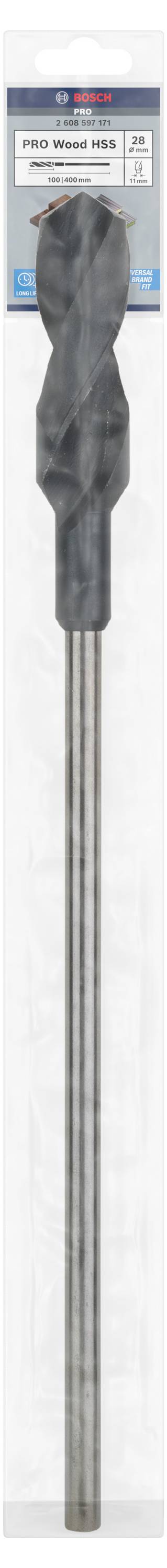 Un foret SDS-Max de Bosch avec tête spiralée et tige métallique, adapté pour le perçage dans le béton. L'emballage contient les spécifications du produit.