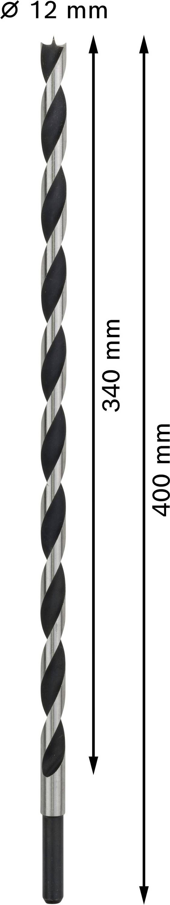 Une mèche d'une longueur de 400 mm et d'un diamètre de 12 mm, dont 340 mm sont marqués comme longueur de travail.
