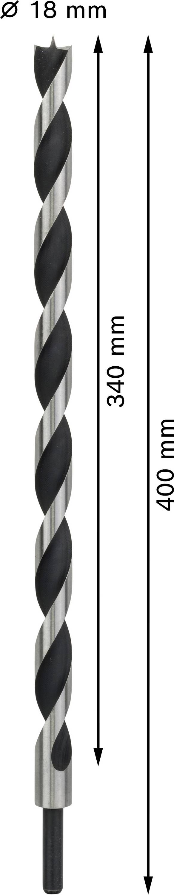 Foret de 18 mm de diamètre, longueur totale 400 mm, longueur utile 340 mm.