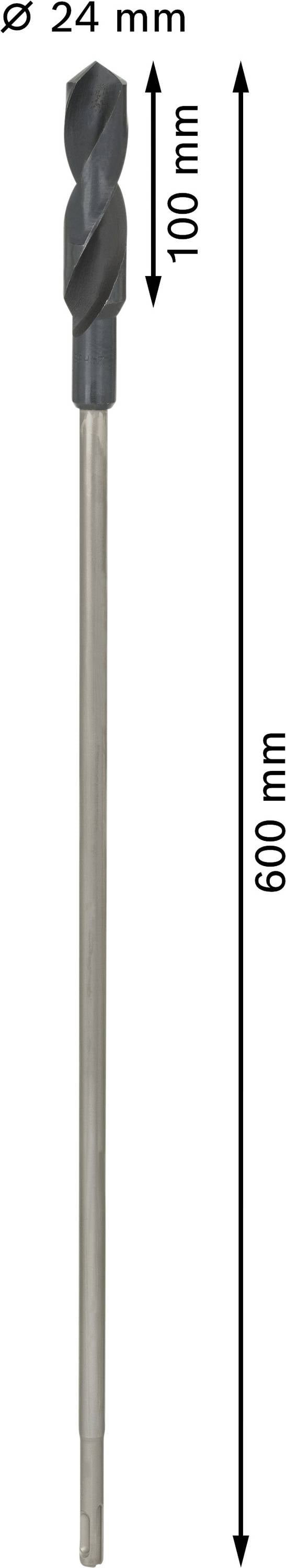 Foret long avec dimensions : diamètre 24 mm, longueur 600 mm. Longueur de spirale du foret 100 mm. Adapté pour perçage profond.