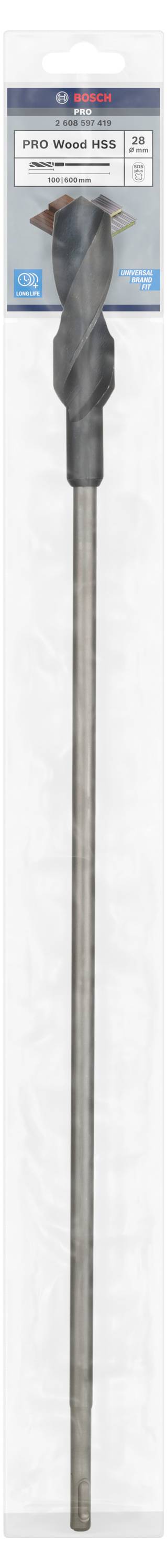 Un burin de marteau-perforateur à tige longue sous emballage, adapté pour le béton et la maçonnerie.