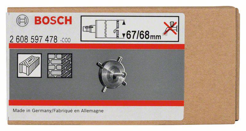 Emballage en carton d'un foret Bosch portant l'inscription 67/68 mm. Adapté aux briques et pierres de maçonnerie. Fabriqué en Allemagne.