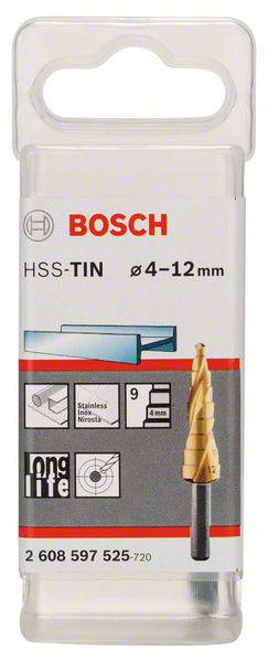 'Foret étagé HSS-TIN de Bosch, 4-12 mm, l'emballage indique des détails tels que le nombre d'étapes (9) et les matériaux (acier inoxydable).'